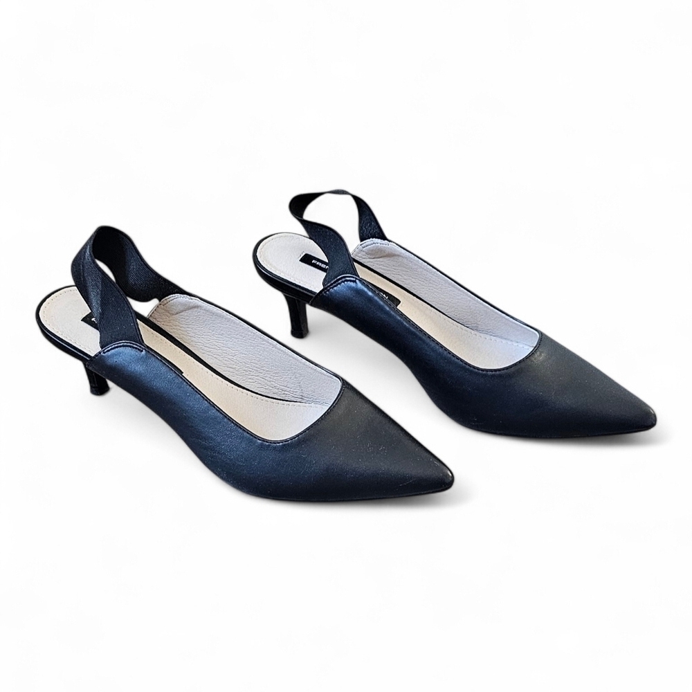 French Connection Black Pointed Slingback Kitten Heels